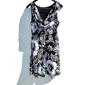 Cowl Neck Chocolate Brown/Ivory Flower Print‎ Flare Bottom Dress Women 12 Lined